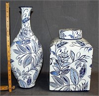 2 Large Hand Painted Blue & White Pottery Pieces