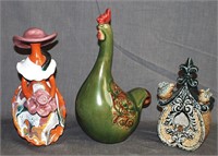 Pottery Lady Figurine, Birdhouse And Rooster