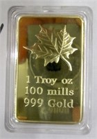 1 Troy Oz 100 Mills Gold Plated Bar