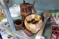 WOODEN SYRUP PITCHER - MORTAR AND PESTLE - SPOON -