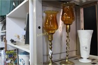 AMBER AND BRASS CANDLE STANDS