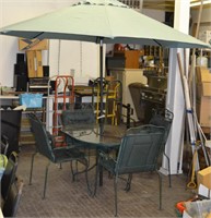 Wrought Iron Patio Table, Chairs & Umbrella