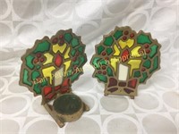 pair of stained glass & metal tealight holders