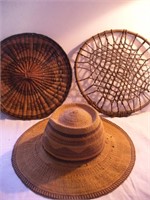Vtg Wide Brimmed Woven Hat & Primative Weaving