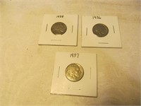 Buffalo nickels, 1936, 1937, 1938