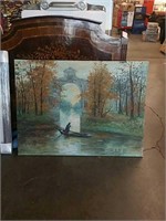 Large painting of a man , boat, Lake