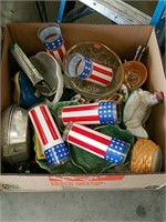 Box of red white and blue glasses excetera
