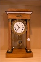 Mantle Clock Wooden w/ Bronze & Enameled Face