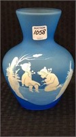 Fenton Blue Satin Mary Gregory Signed Vase-1975