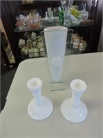 Milk Glass Hobnail Candle Sticks & Vase
