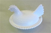 Milk Glass Hen in a Nest, 7" L