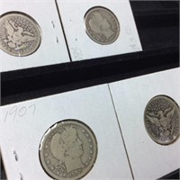 Qty 4 Silver Barber Quarters 1907,1903,1893,1892