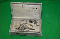 VINT. SILVERY VELVET JEWELRY CASE WITH CONTENTS