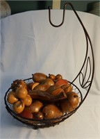 Metal Fruit Basket With Wooden Fruit