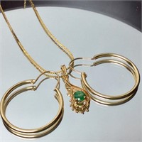 14kt Gold Hoop Earrings W/chain & Emerald Charm