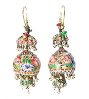 Qajar Persian Earrings, Enameled 18K Gold, Antique