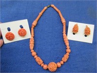 vintage orange carved necklace & earrings