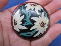 antique hand painted wooden brooch