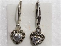 Sterling heart shaped CZ and marcasite earrings