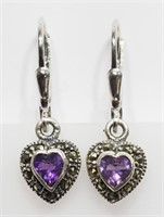 Sterling Amethyst  Marcasite heart shaped earrings