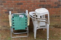 3 Vintage Aluminum Lawn Chairs, Plastic Table & 2