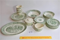 Set of Green Transferware Dishes, 8 Saucers, 8