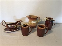 Brown drip mugs & Watt ovenware pitcher