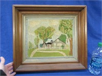 framed 1960s cross-stitched "house"