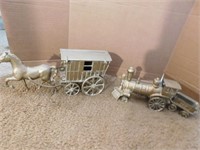 2 Pcs-Brass Horse w/Covered Wagon, Train Engine