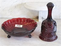 Lot: 2 pieces ruby glass, bowl and bell