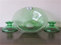 Green depression glass 3 pc console set