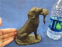 vintage bronze dog with duck - 5.5 inch tall