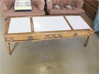 Oak coffee table, cultured marble insets