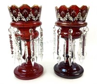 (2) Czech Bohemian Ruby Red Glass Mantle Lusters