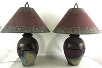 Raku Art Pottery Table Lamps W/ Batik Shades