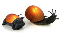 (2) Vintage Bronze & Glass Snail & Pig Lamps