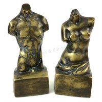 (2) Bronze Male & Female Nude Torso Bookends