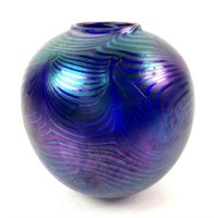 Bruce Freund Signed Blue Art Glass Bowl Vase
