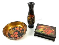 (3) Hand Painted Black Lacquer Box, Bowl, Vase