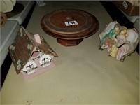 cake stand, bird house, & figurine