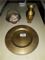 brass plate, vase, & basket