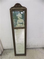 ANTIQUE PRINT AND MIRROR 30"T X 7.5"W