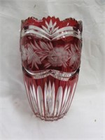 RUBY CUT TO CLEAR VASE 9.5"T
