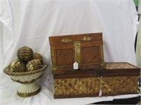 3PC WICKER TRUNKS AND COMPOTE WITH DECOR