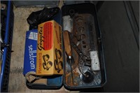 METAL TOOL BOX W/EARLY TOOLS AND GOGGLES