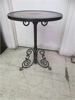 ORNATE LEATHER TOP AND WROUGHT IRON SIDE TABLE