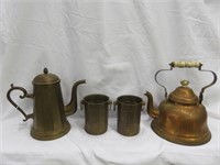 (4) VINTAGE COPPER TEAPOTS AND CUPS 9"T