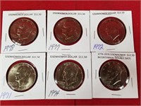 Six Eisenhower Dollar Coins, Various Dates