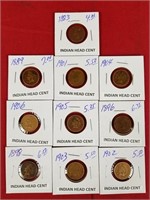 Ten Indian Head Cents, Various Dates