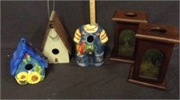 SELECTION OF (3) BIRD HOUSES AND (2) CANDLE